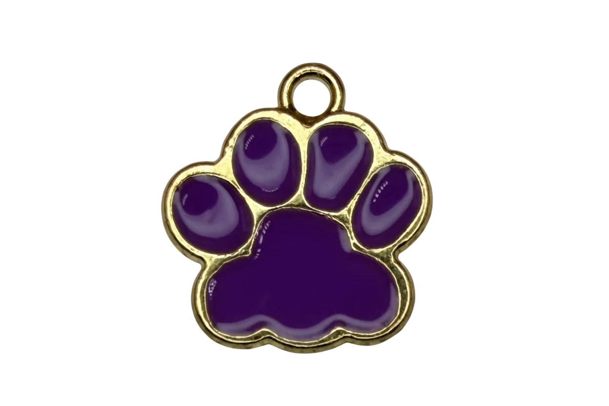 Glossy purple paw print charm outlined in gold with a small clear round gem accent