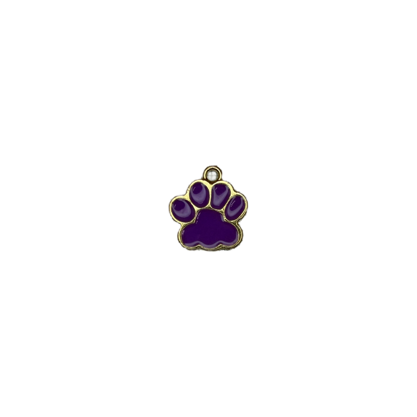 Purple paw print in gold outline with clear gem accent