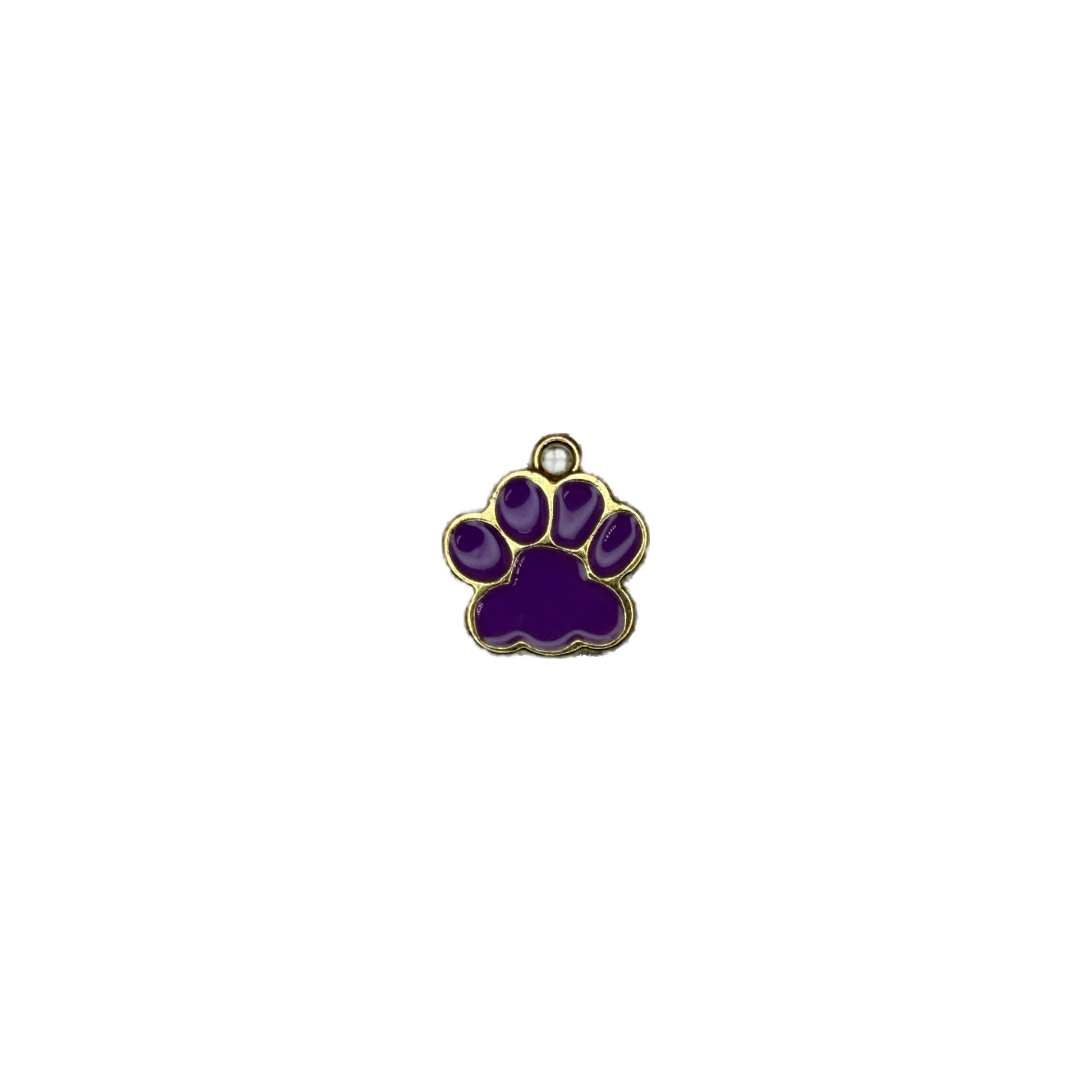 Purple paw print in gold outline with clear gem accent