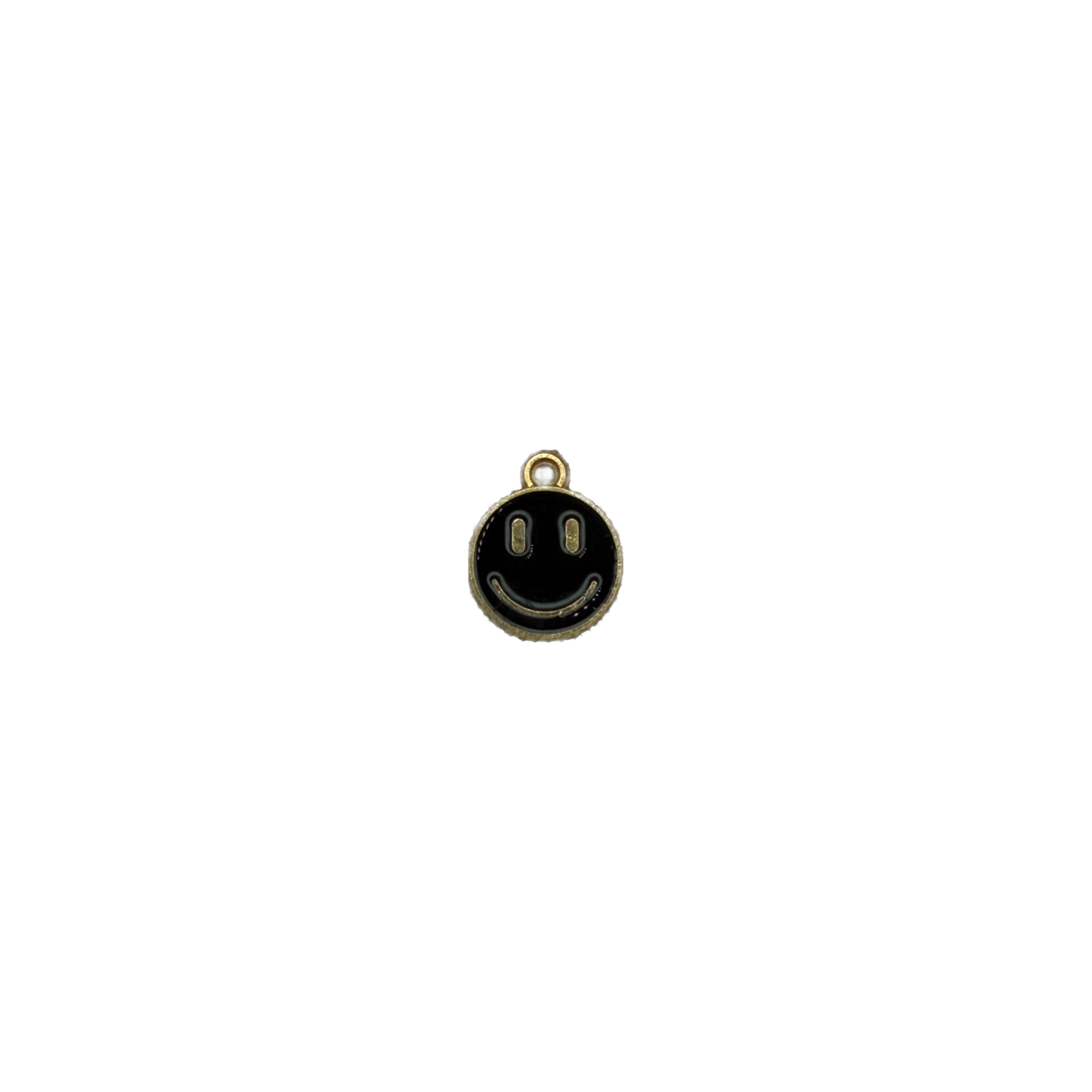 Black smiley face charm with gold trim and clear gem