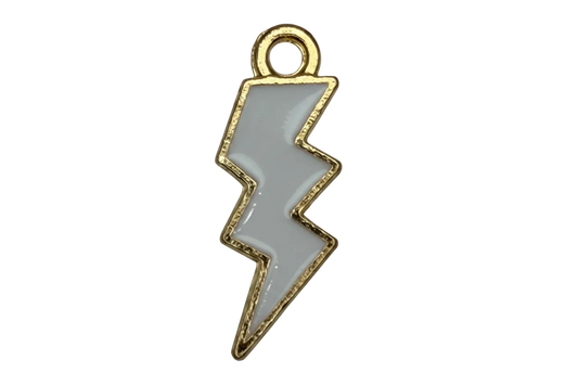 Glossy white lightning bolt charm with gold outline and smoke gray gem accent