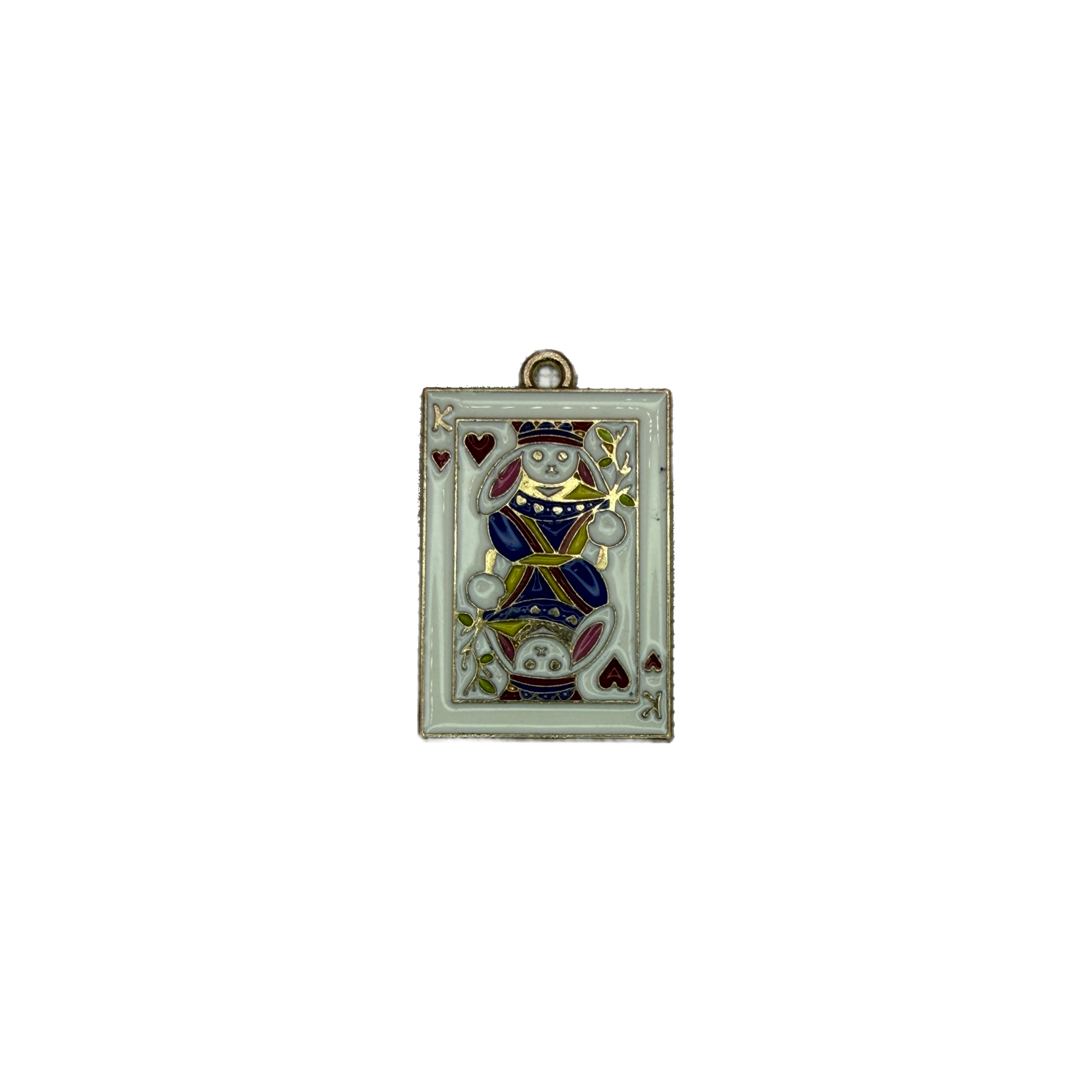 White enamel rabbit playing card with red hearts and gold edging