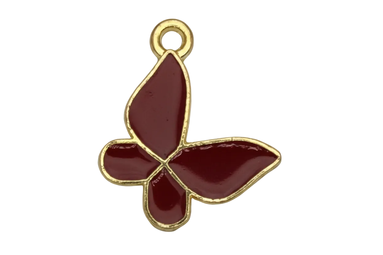 Glossy burgundy butterfly charm with gold outline and small clear gem accent