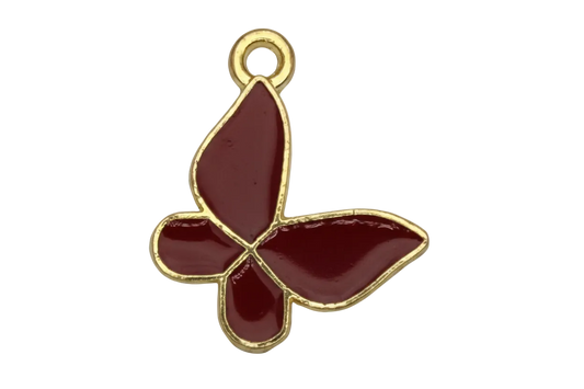 Glossy burgundy butterfly charm with gold outline and small clear gem accent