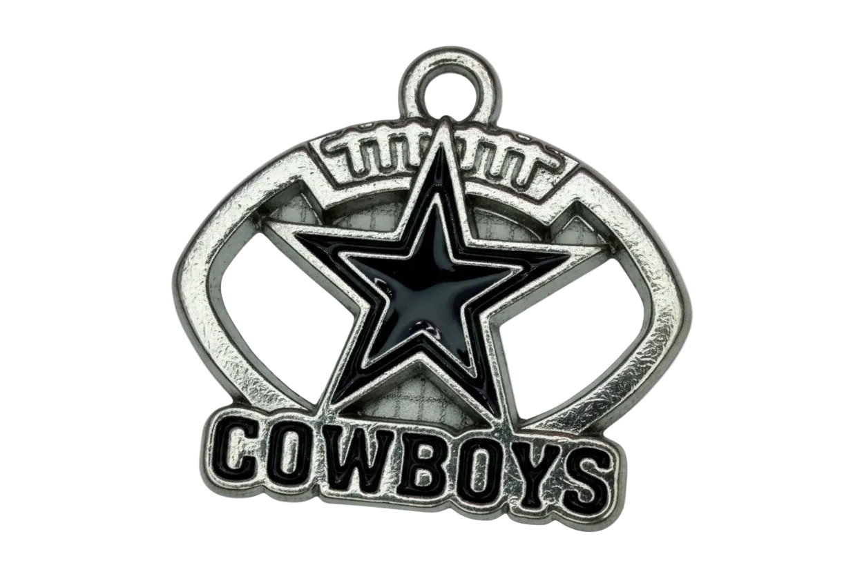 Antique-silver badge with glossy black star and raised lettering