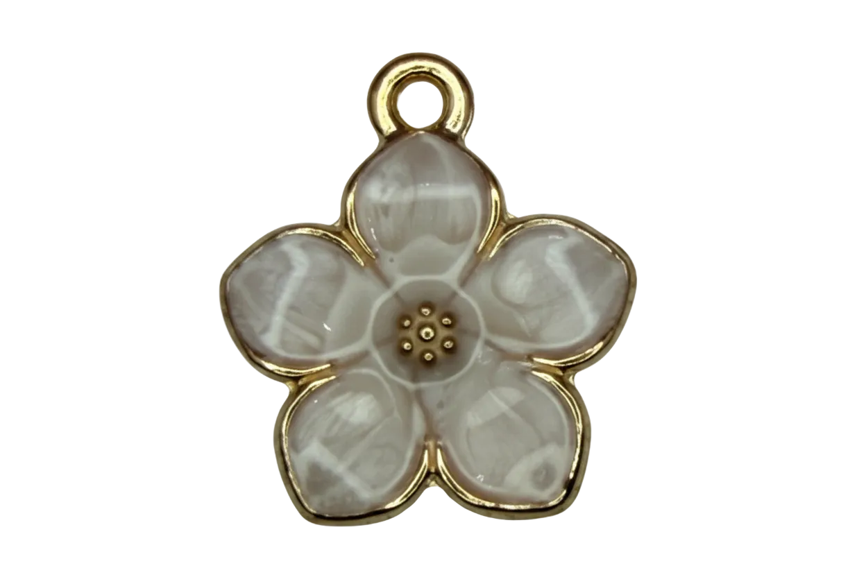 Iridescent white five-petal flower charm with gold outline and beaded center