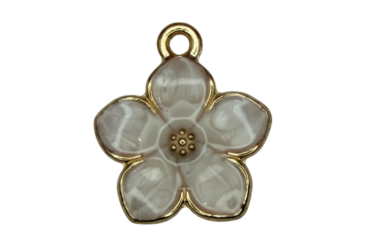Iridescent white five-petal flower charm with gold outline and beaded center