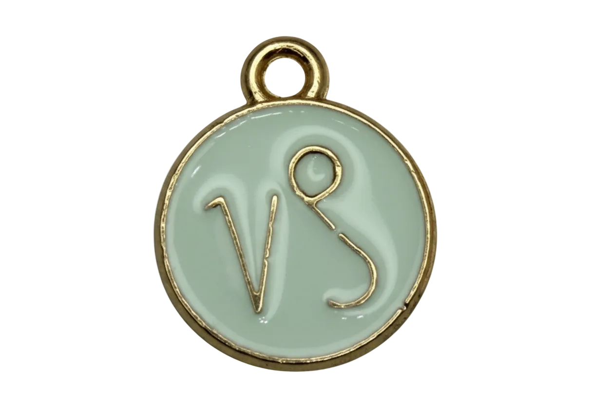Glossy white enamel round disc with raised gold VS script and gold rim
