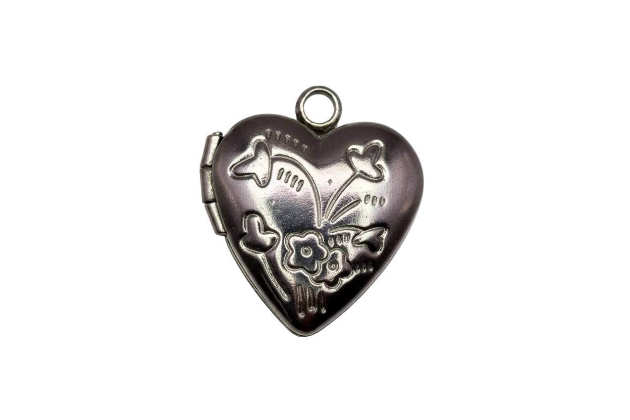Black heart locket with silver floral and bird motif, glossy finish