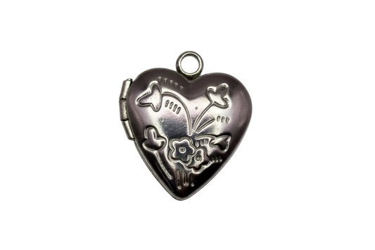 Black heart locket with silver floral and bird motif, glossy finish