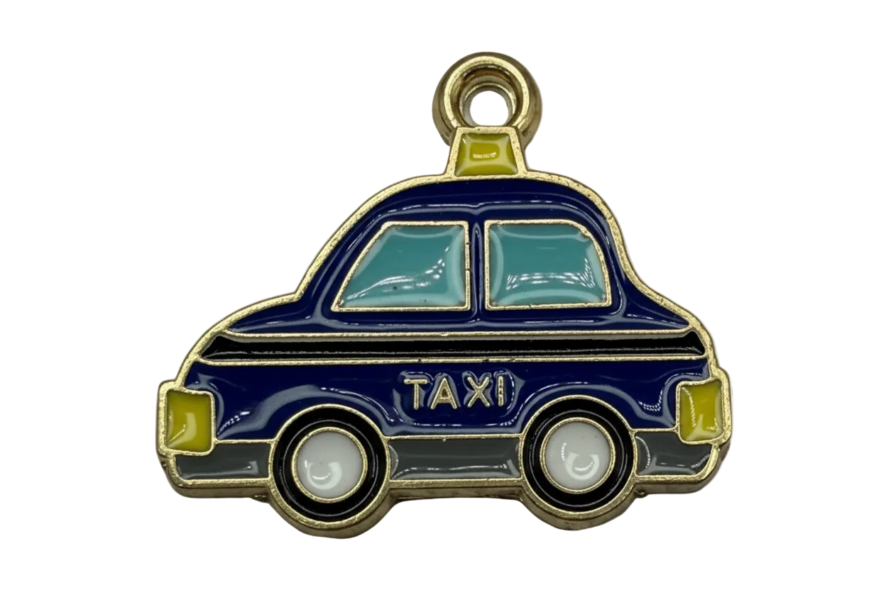 Navy taxi car charm with gold outline, pale blue windows, and yellow accents