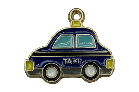 Navy taxi car charm with gold outline, pale blue windows, and yellow accents