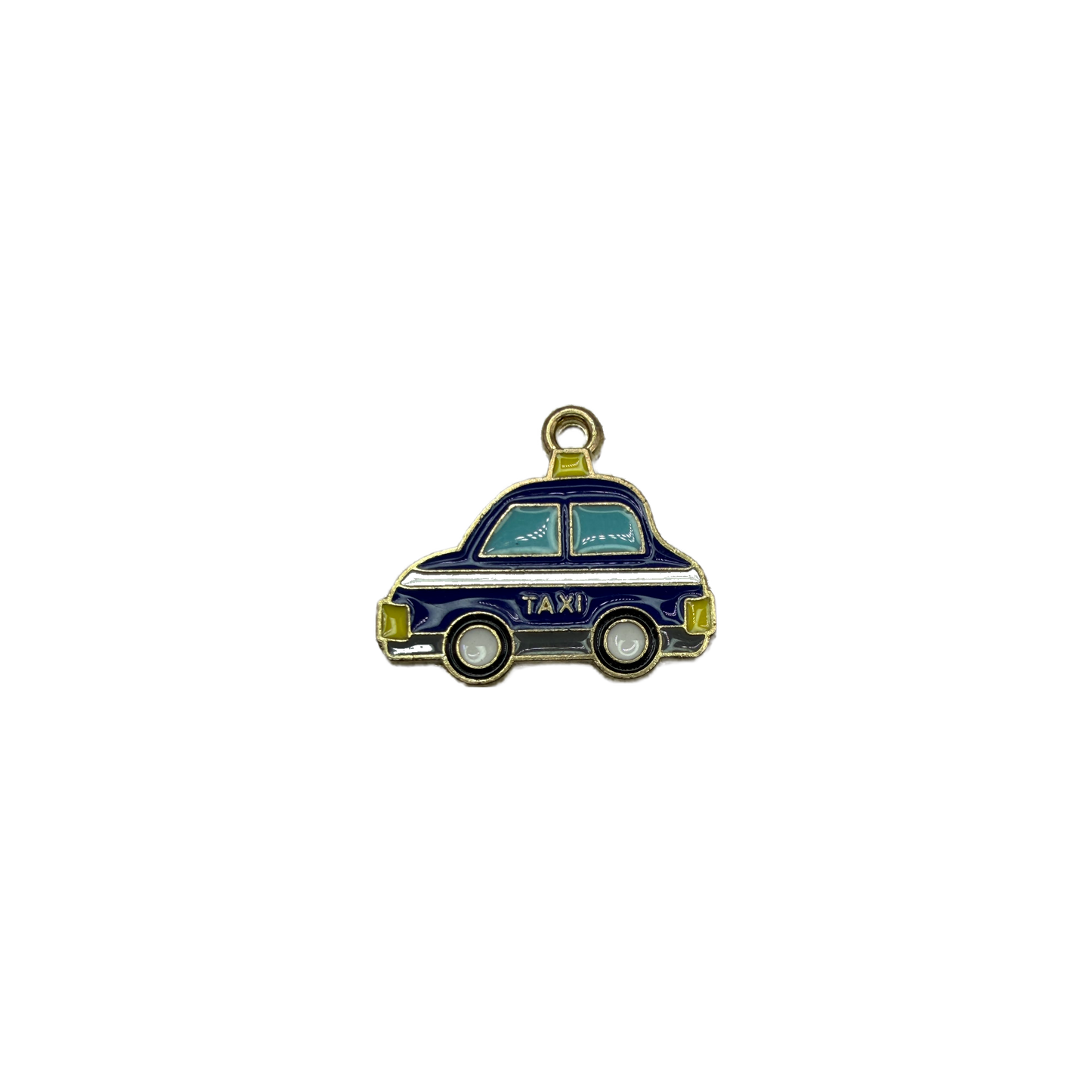 Navy taxi car with gold outline and pale blue windows
