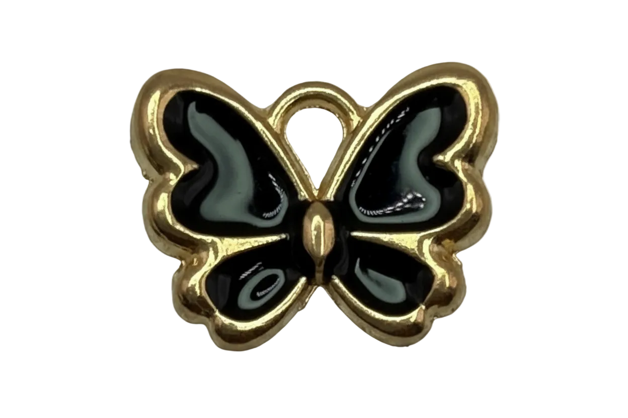 Gold butterfly charm with glossy black enamel wings and smoky gray accents