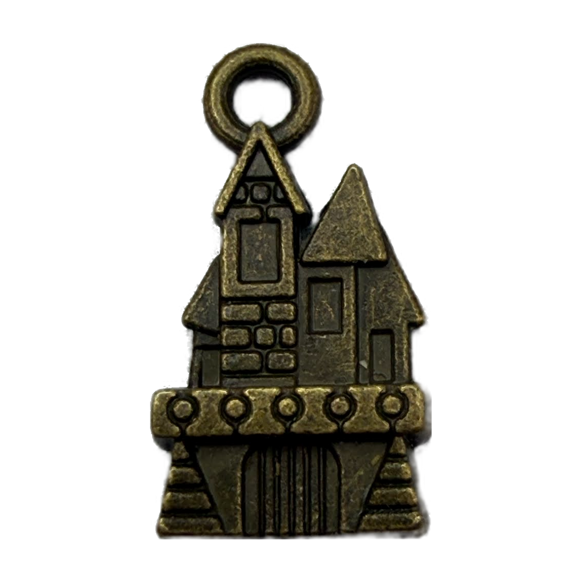 Antiqued gold castle house charm with embossed stonework and dark patina details