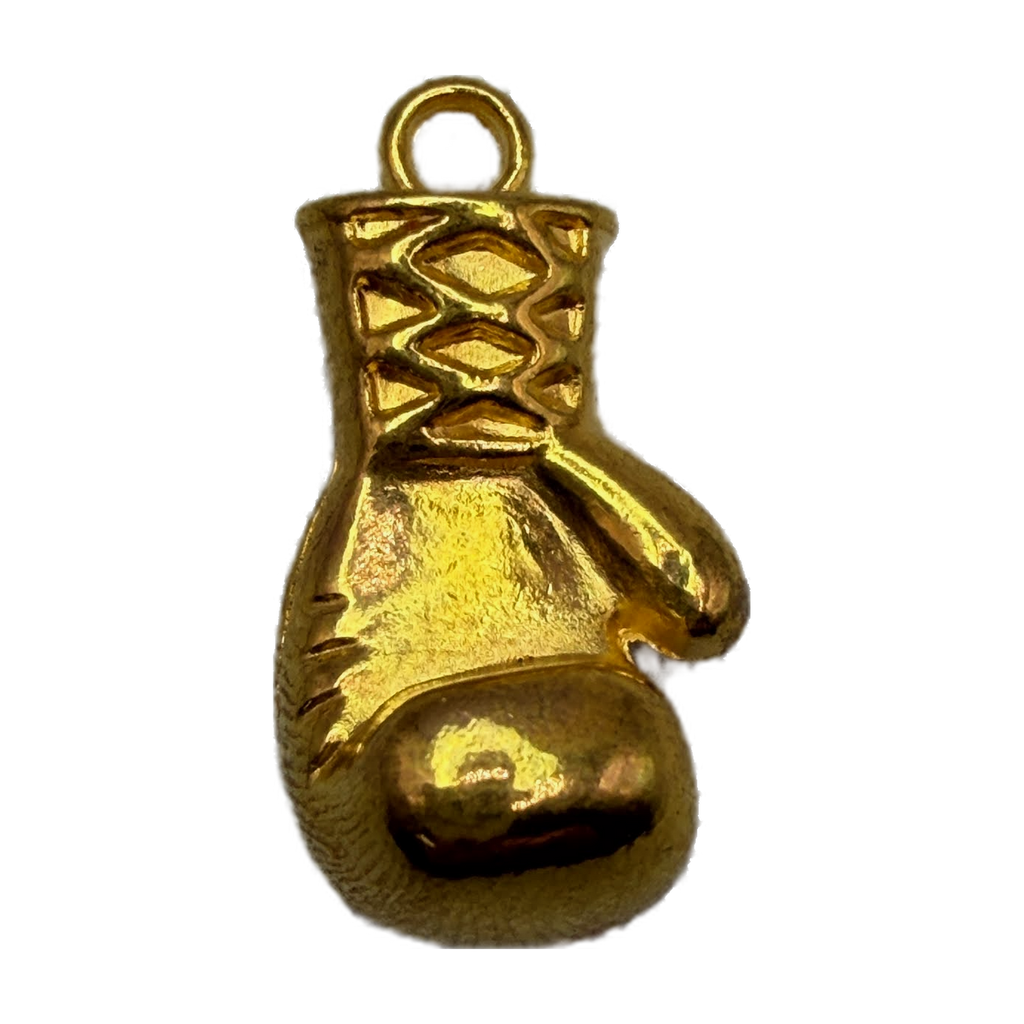 Glossy gold boxing glove pendant with lace-up detail and rounded shape