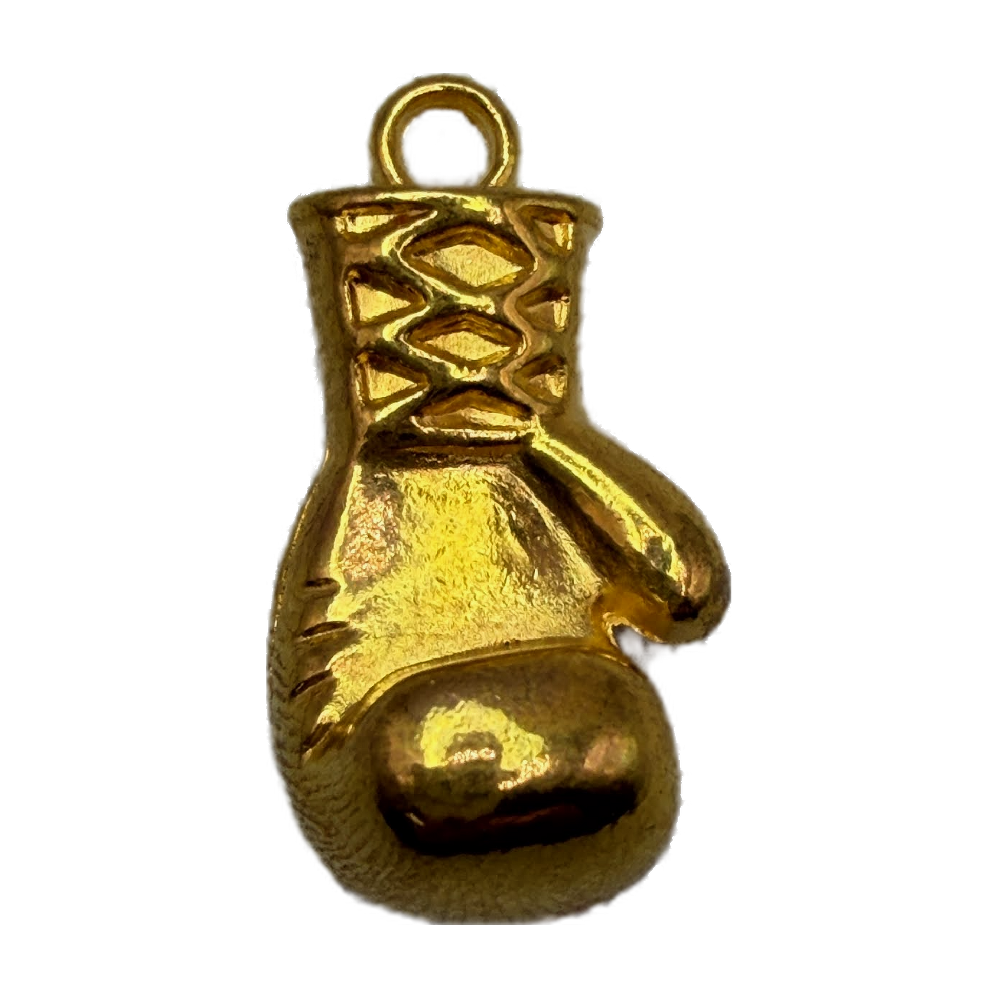 Glossy gold boxing glove pendant with lace-up detail and rounded shape
