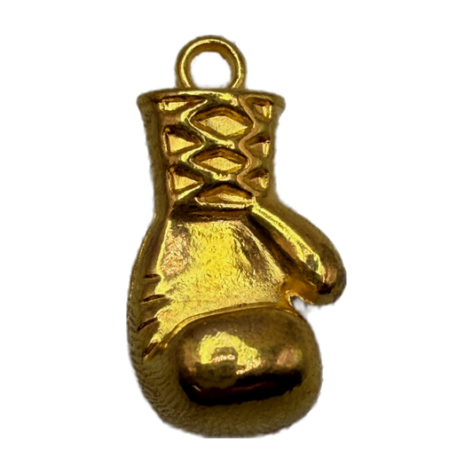 Glossy gold boxing glove pendant with lace-up detail and rounded shape