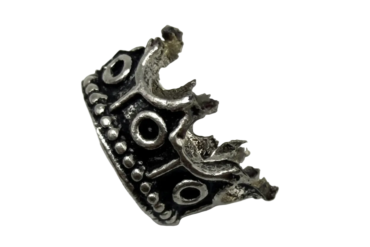 Antiqued silver crown charm with black enamel panels and raised stud details