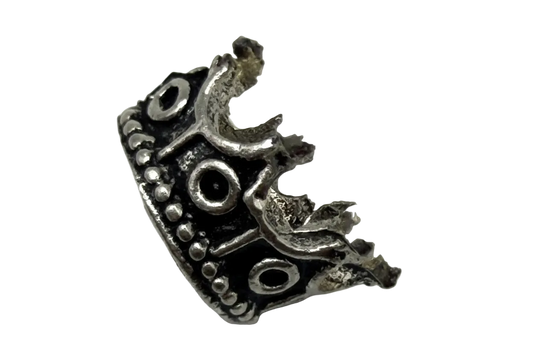Antiqued silver crown charm with black enamel panels and raised stud details