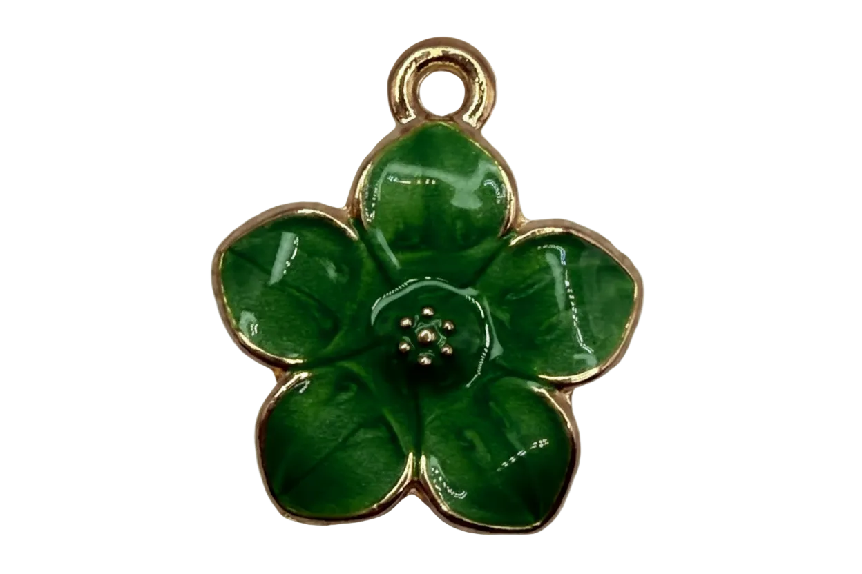 Glossy deep green five-petal flower charm with gold edging and beaded center