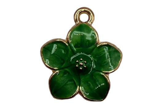 Glossy deep green five-petal flower charm with gold edging and beaded center