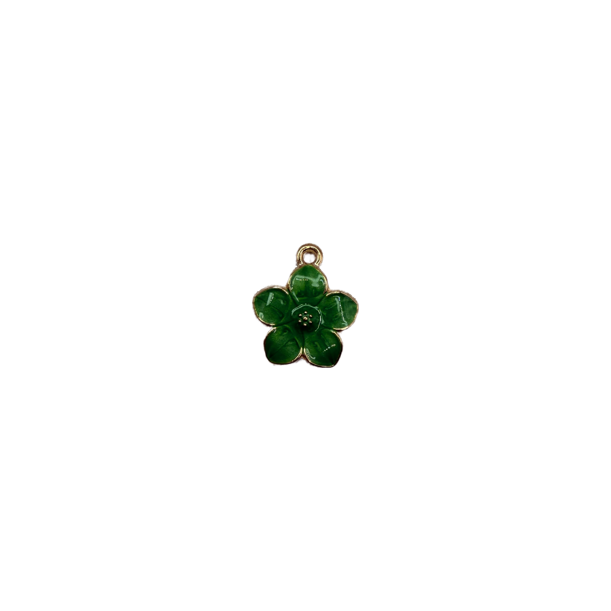 Green five-petal flower with gold edging and beaded center