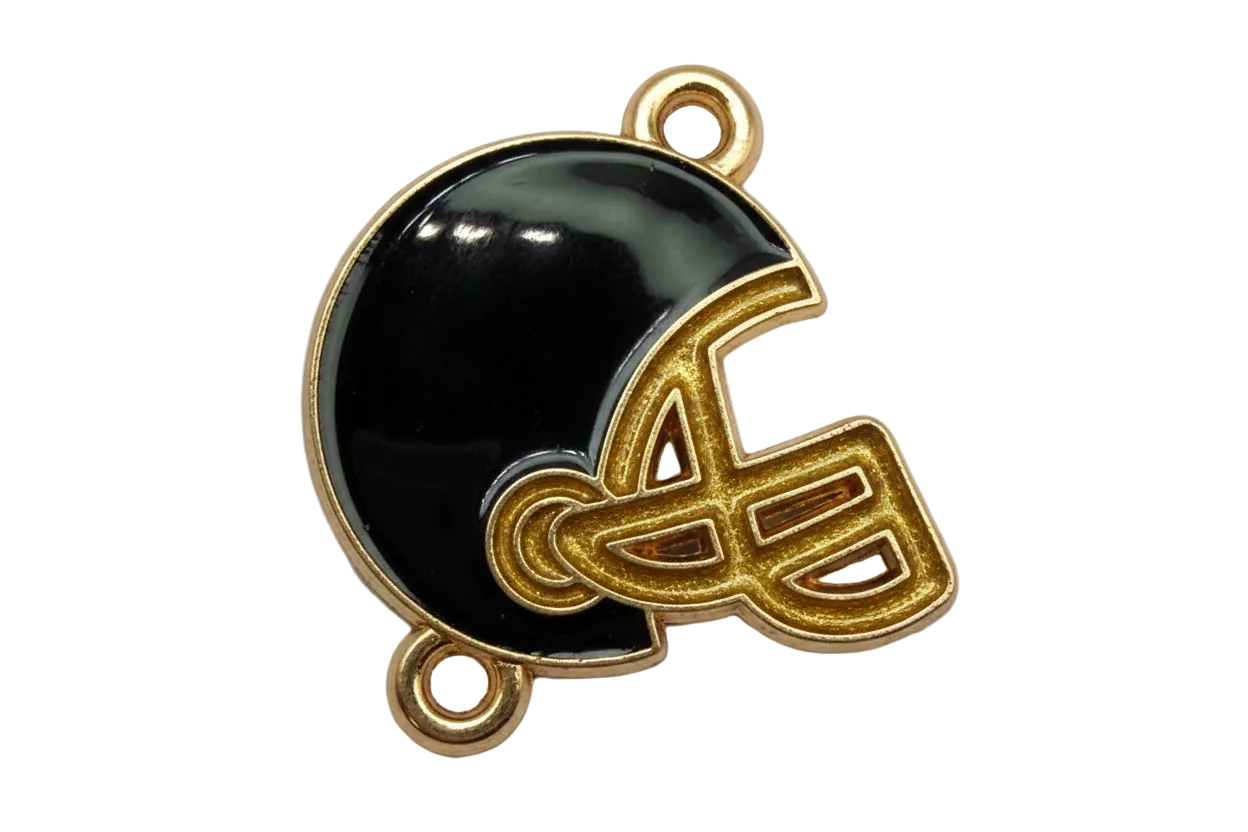 Black enamel football helmet with gold edging and facemask detail