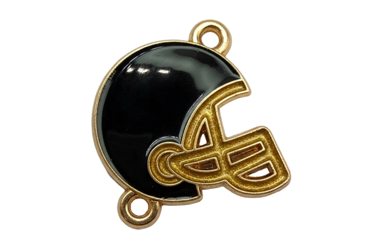 Black enamel football helmet with gold edging and facemask detail