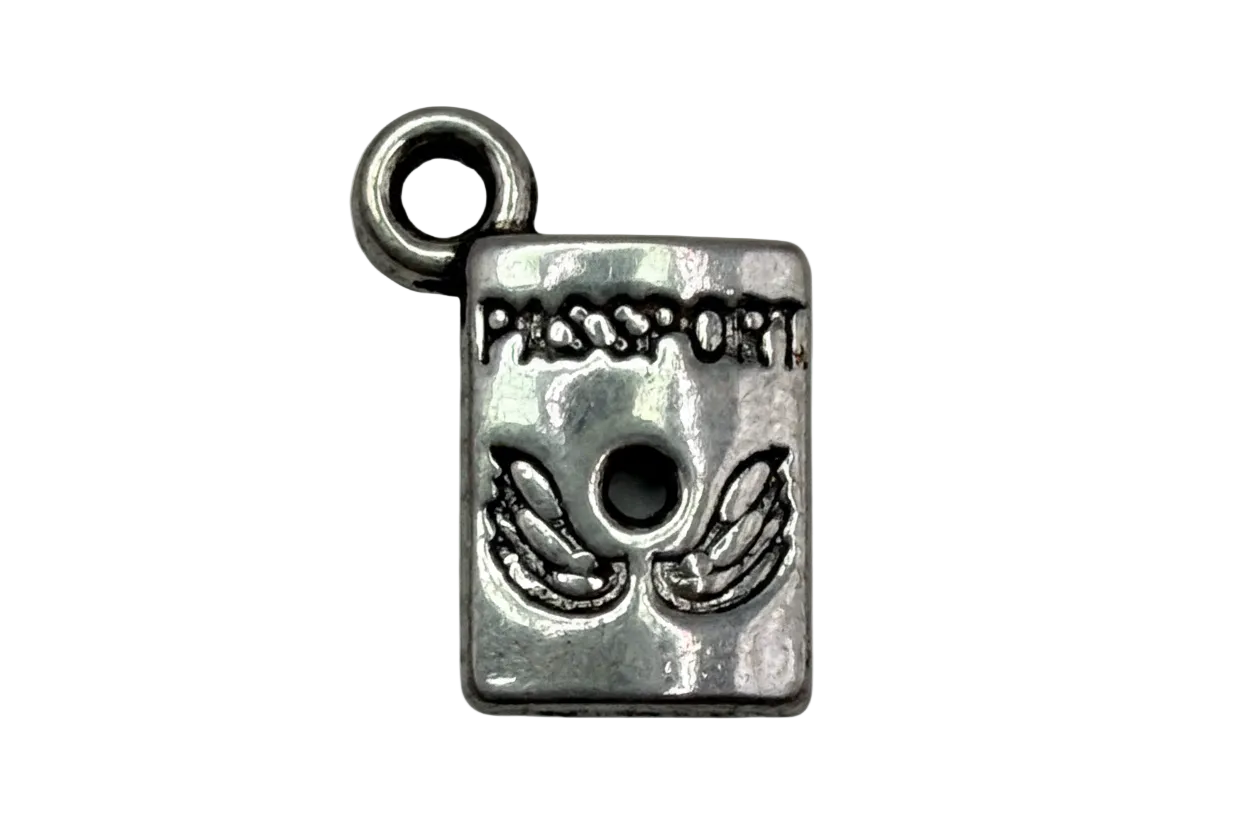 Antique silver-tone winged padlock charm with keyhole and darkened detailing