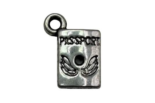 Antique silver-tone winged padlock charm with keyhole and darkened detailing