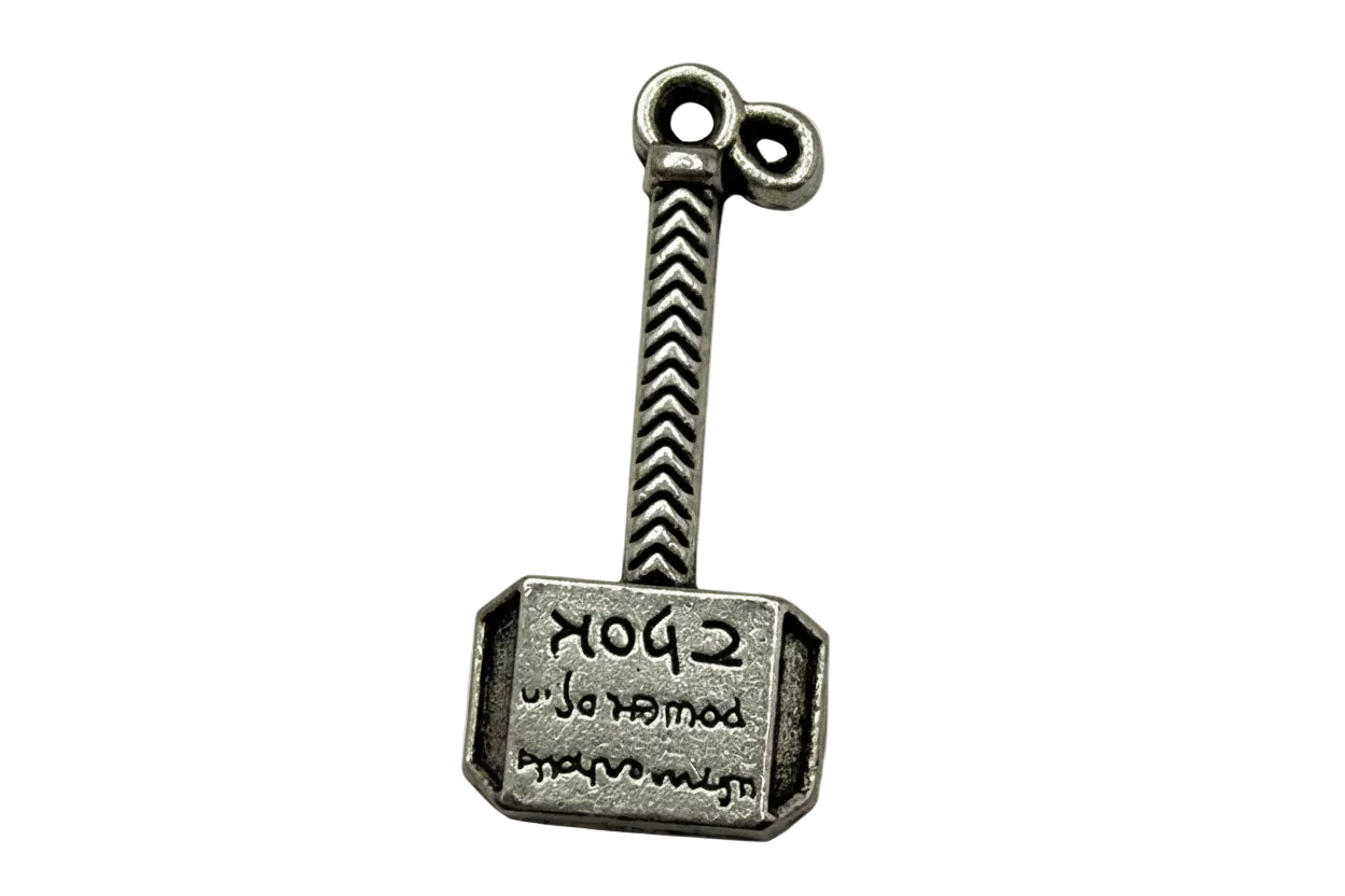 Antiqued silver engraved hammer charm with chevron-textured handle