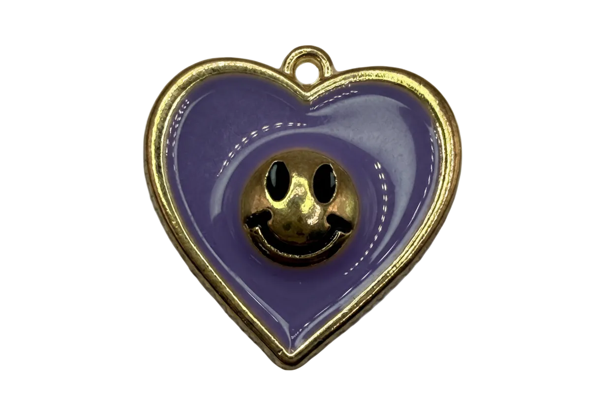 Lavender enamel heart with gold outline and smiley face center