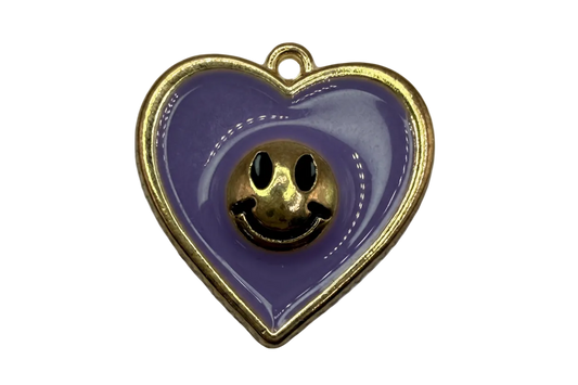 Lavender enamel heart with gold outline and smiley face center