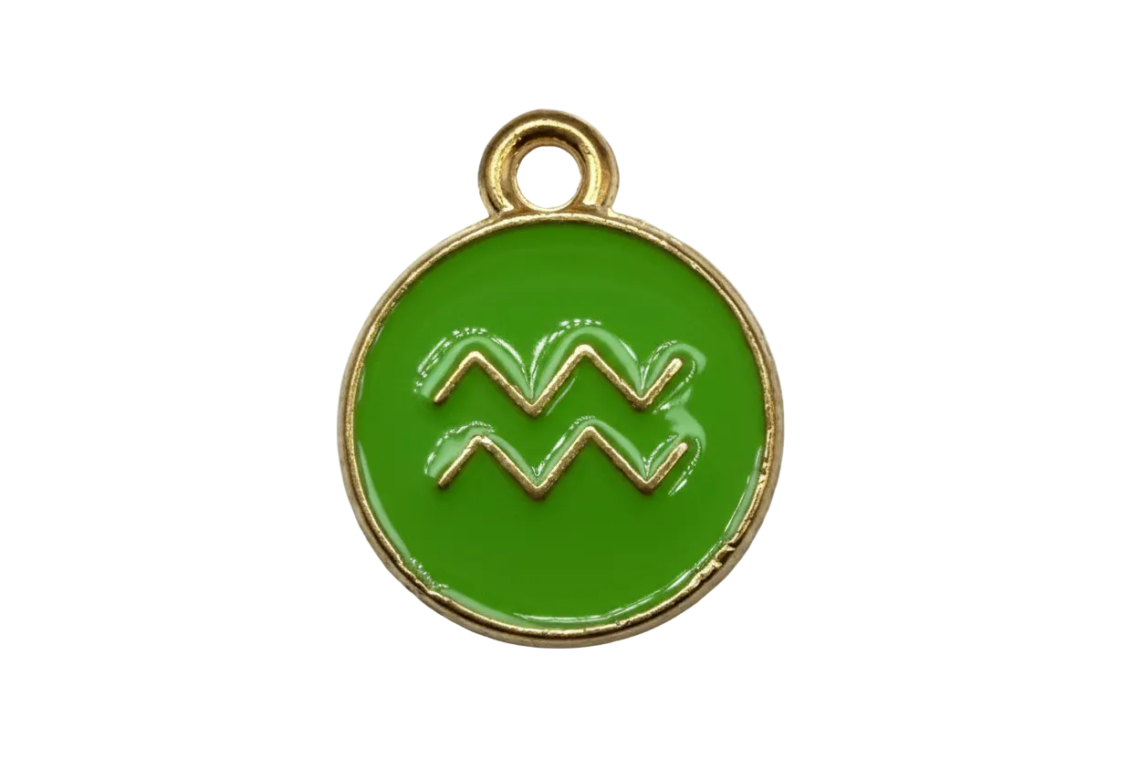 Green enamel round disc with gold Aquarius zodiac symbol