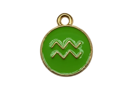Green enamel round disc with gold Aquarius zodiac symbol