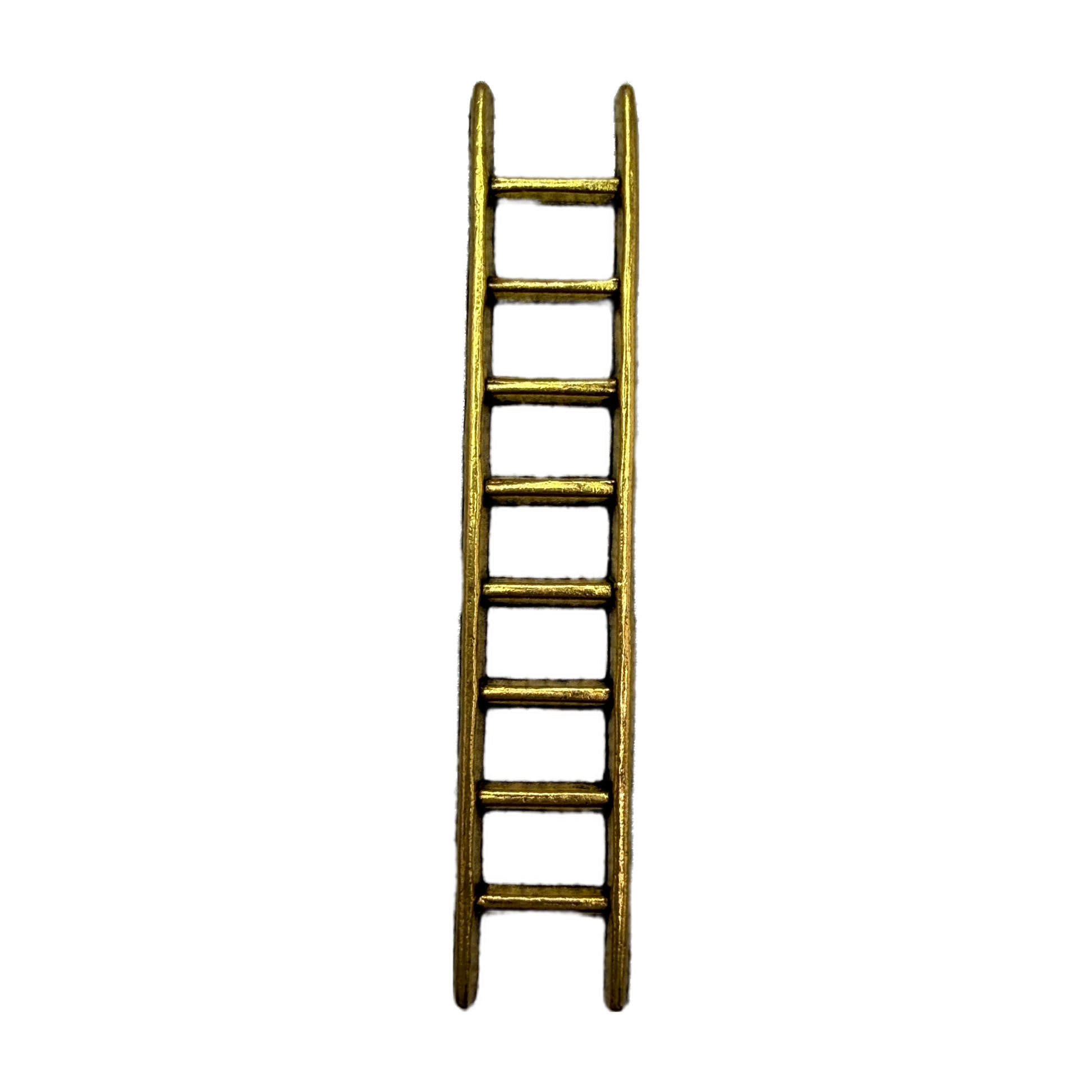 Gold ladder pendant with vertical rails and evenly spaced rungs on black background