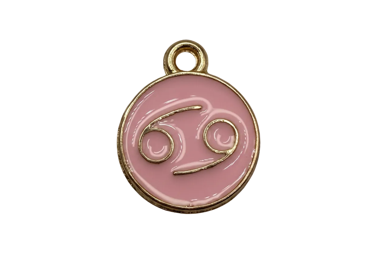 Pink round enamel medallion with gold Cancer zodiac symbol