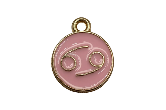 Pink round enamel medallion with gold Cancer zodiac symbol
