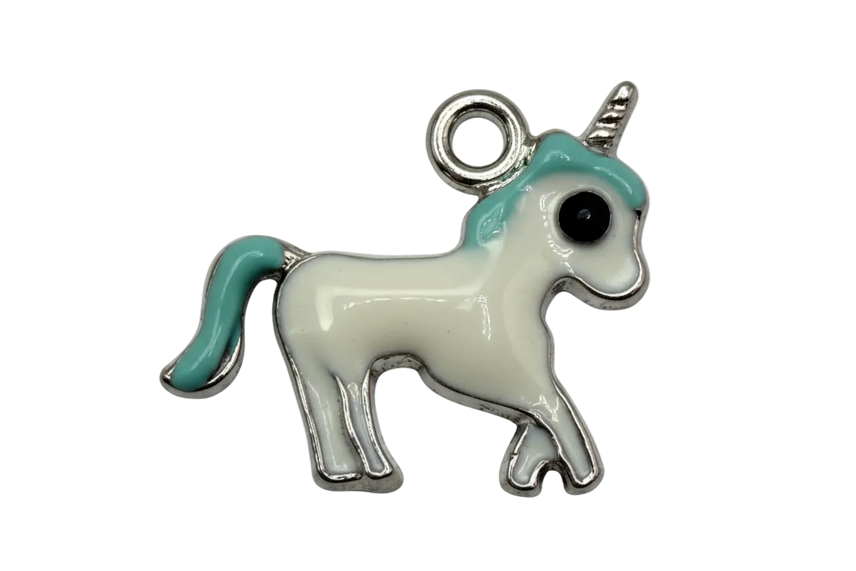 White unicorn charm with aqua mane and tail on silver-tone metal