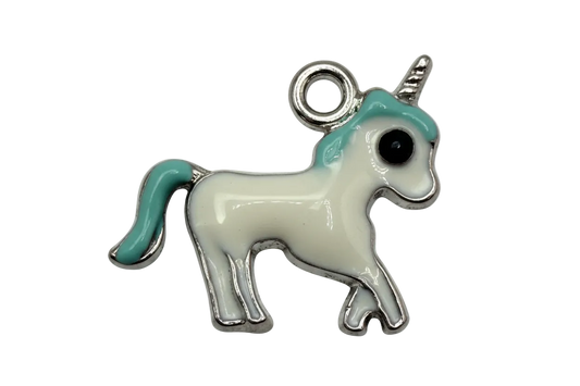 White unicorn charm with aqua mane and tail on silver-tone metal