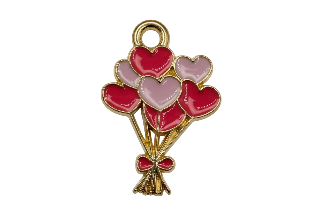 Gold heart balloon bouquet charm with glossy red and blush enamel hearts and a tiny bow