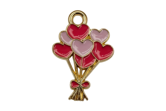 Gold heart balloon bouquet charm with glossy red and blush enamel hearts and a tiny bow