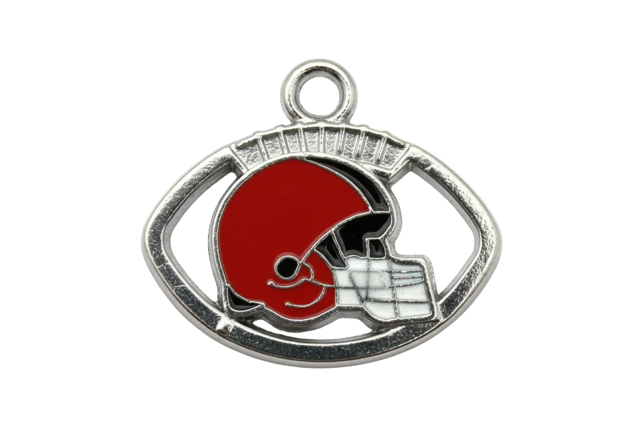 Silver oval football frame with red enamel helmet and black-and-white facemask details