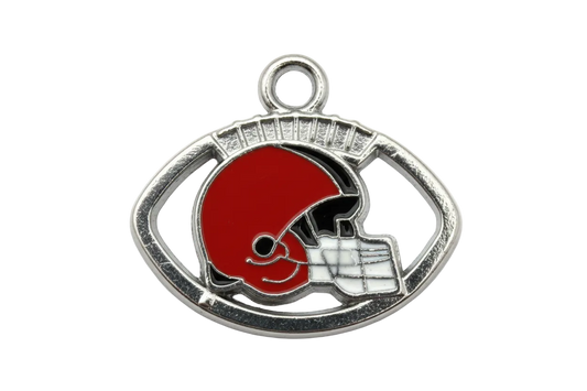 Silver oval football frame with red enamel helmet and black-and-white facemask details