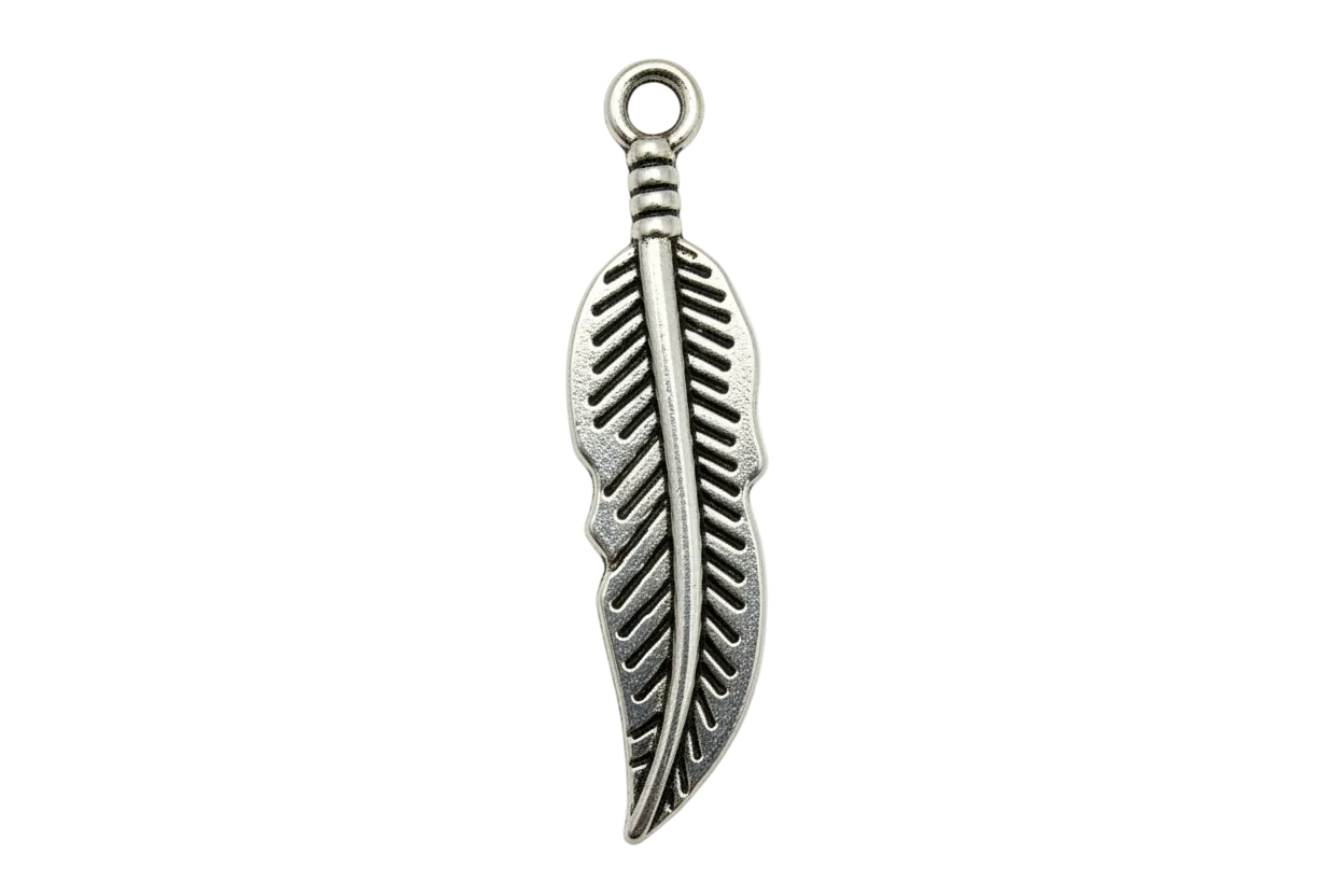 Antiqued silver feather charm with cutout details and darkened grooves on black background