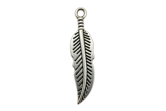 Antiqued silver feather charm with cutout details and darkened grooves on black background