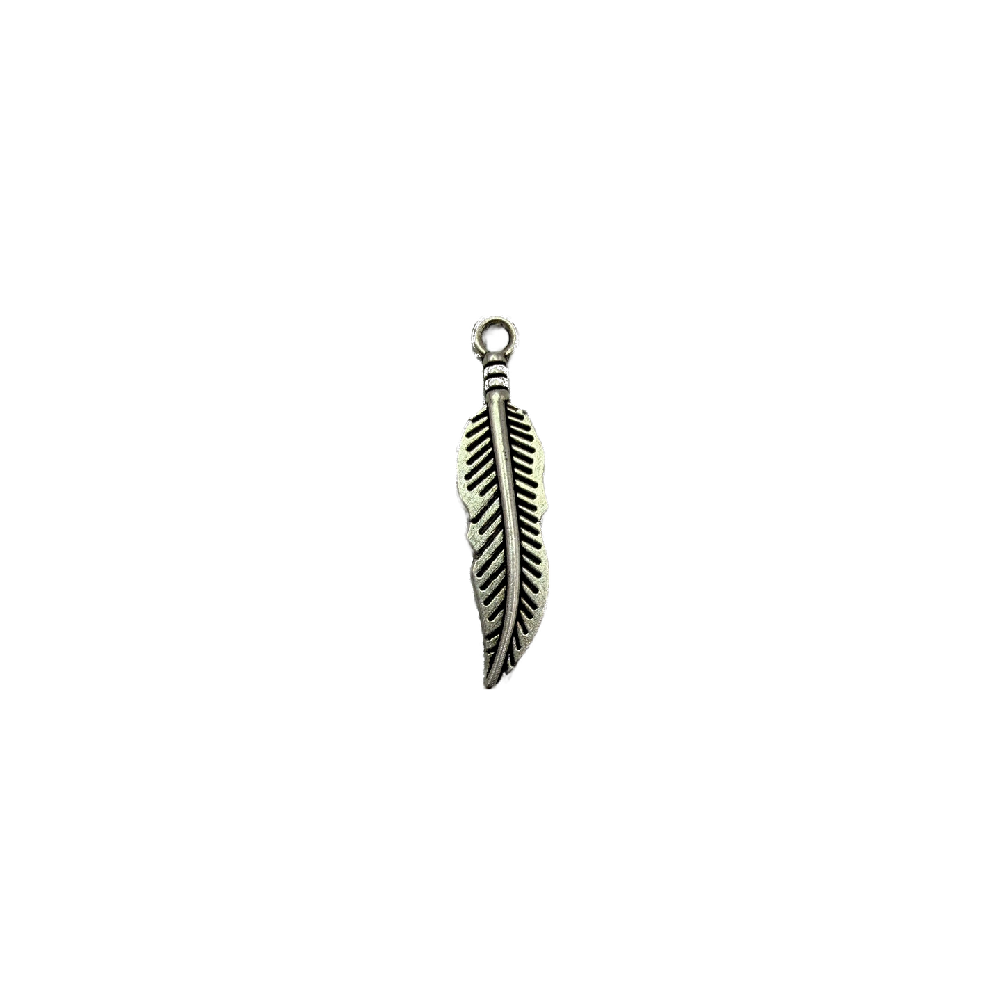 Antiqued silver feather charm with cutout detail