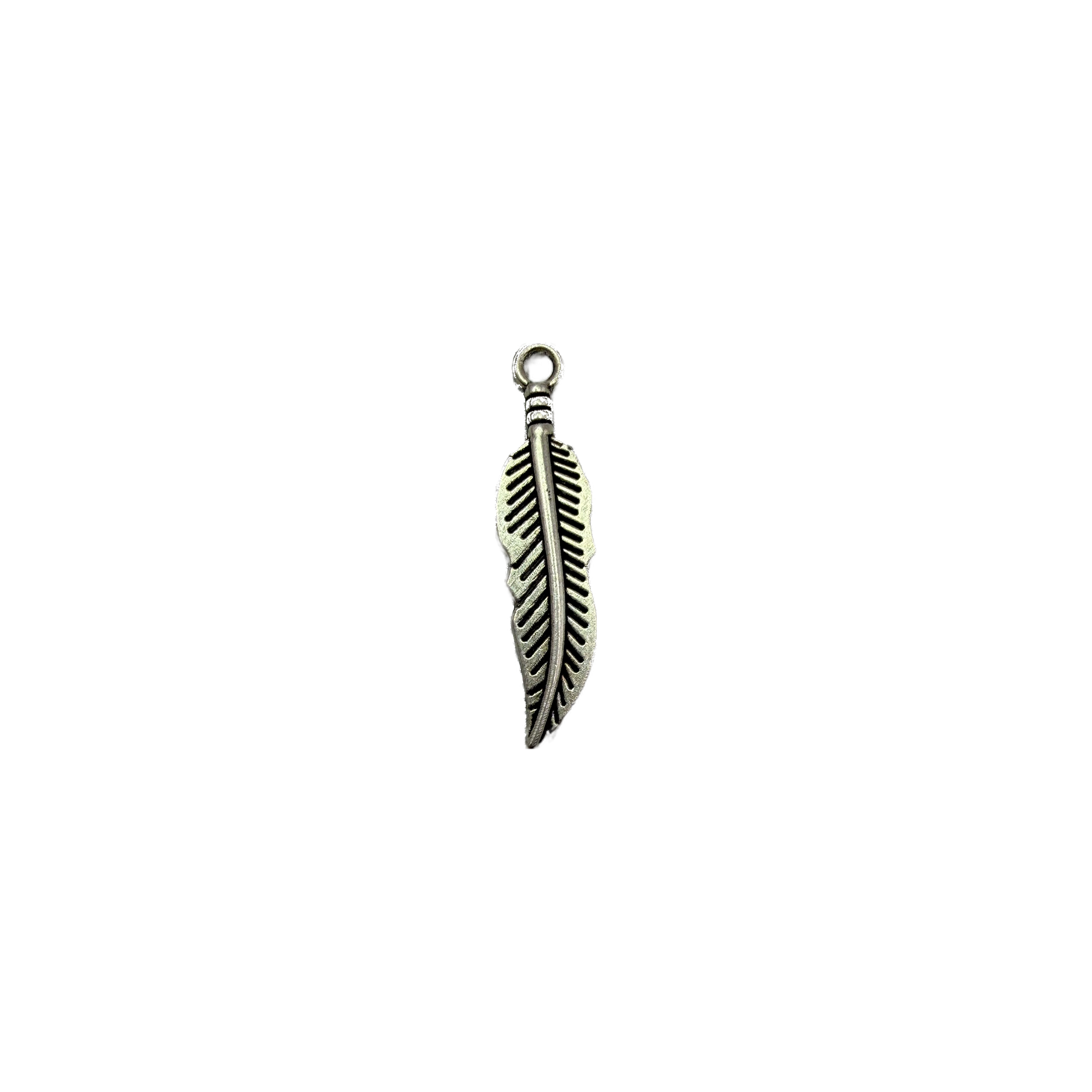 Antiqued silver feather charm with cutout detail