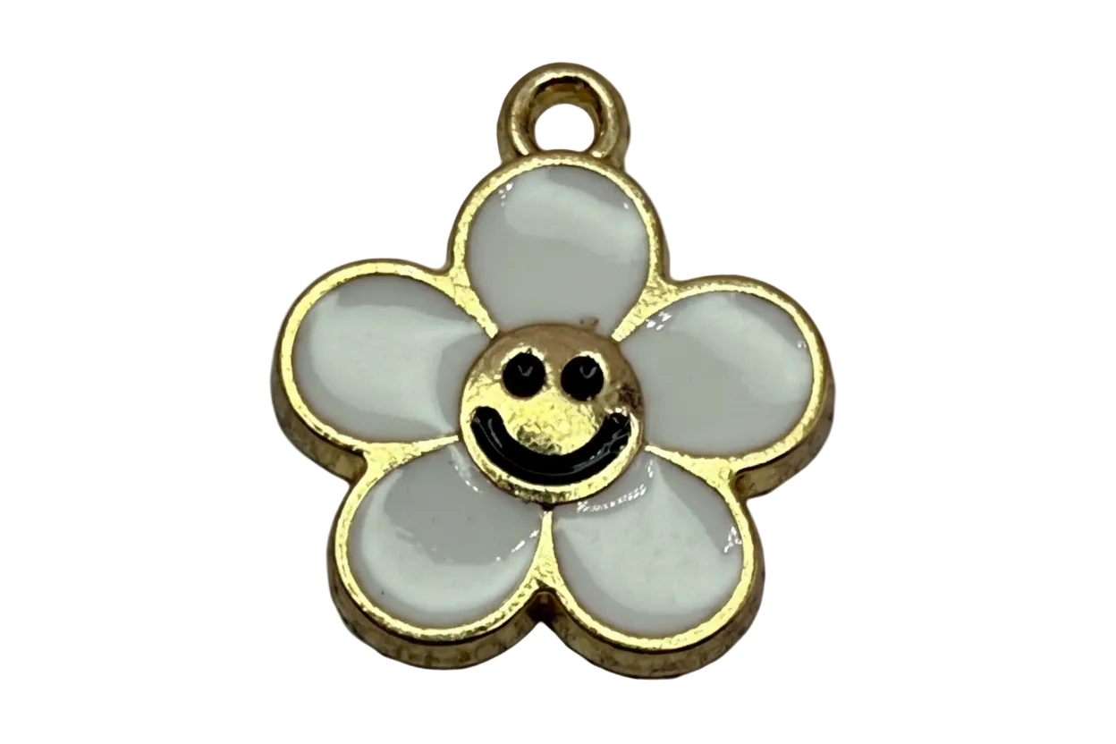 Gold-outlined white daisy with black smiley face center